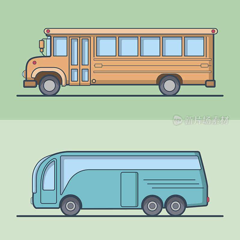 现代城际校车复古复古校车公共交通集。直线描边轮廓平面样式矢量图标。颜色概述图标集合。