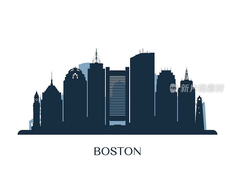 波士顿的天际线，单色剪影。矢量插图。