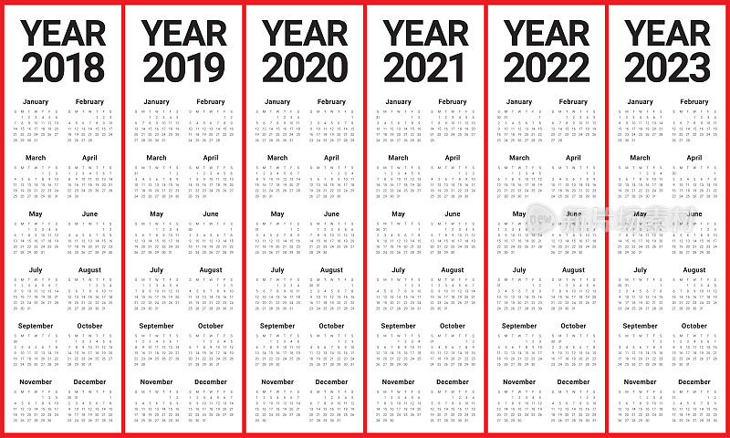2018年2019年2020年2021年2022年2023年日历矢量
