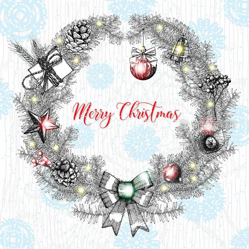 圣诞快乐的文字装饰手绘花环框架和树枝与礼物和浆果。贺卡的设计。画笔字体排版。