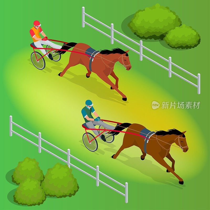 等距骑师和马。两匹互相竞争的赛马。骑着闷闷不乐的自行车或赛车参加比赛。矢量插图。
