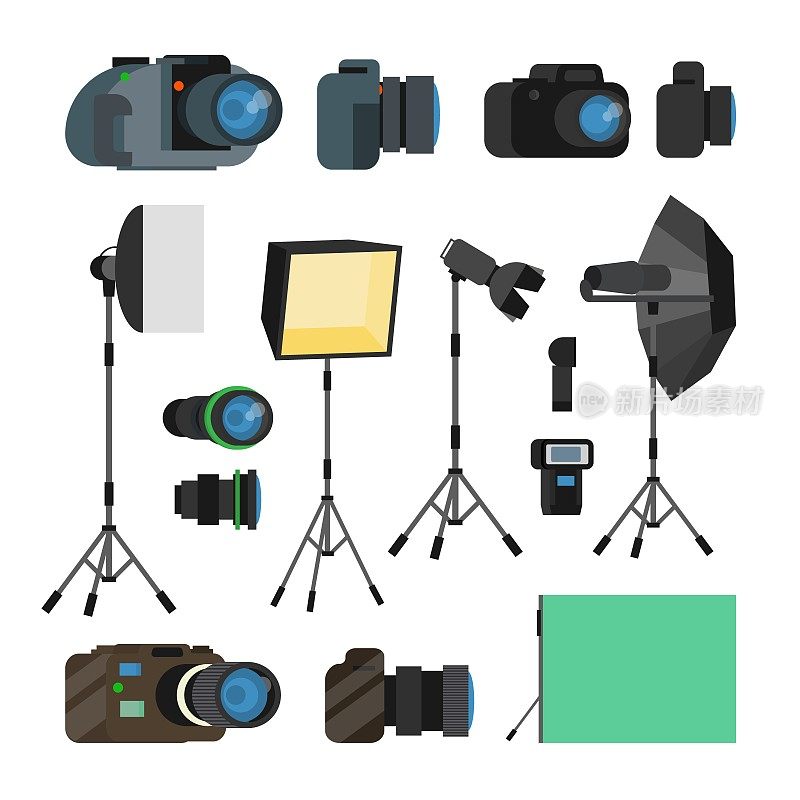 摄影师工具集矢量。摄影对象。摄影设备设计元素，配件。现代数码相机，专业摄影工具。独立平面卡通插图