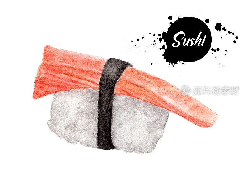 寿司孤立在白色的背景上，带有剪裁的路径，水彩日本食物