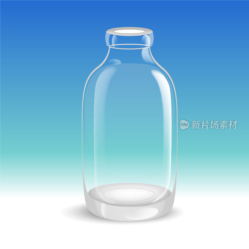 模板空高透明玻璃瓶，装满蒸馏水或盐溶液。包装集合。矢量插图。