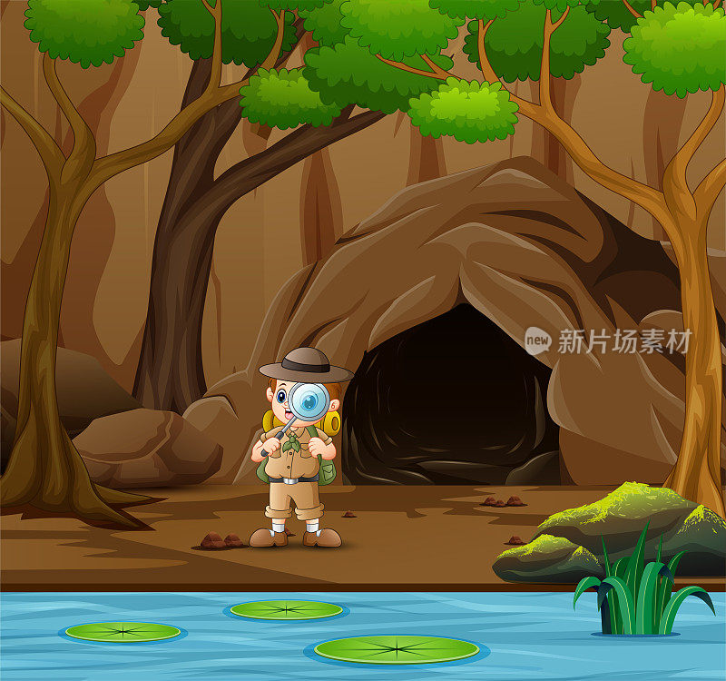 小探险家站在洞穴和河流附近