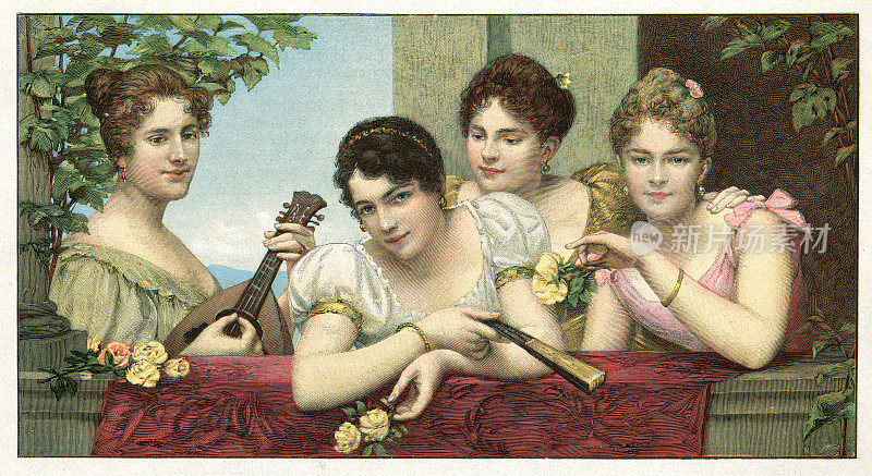 四个手持鲜花和乐器的美女1898年
