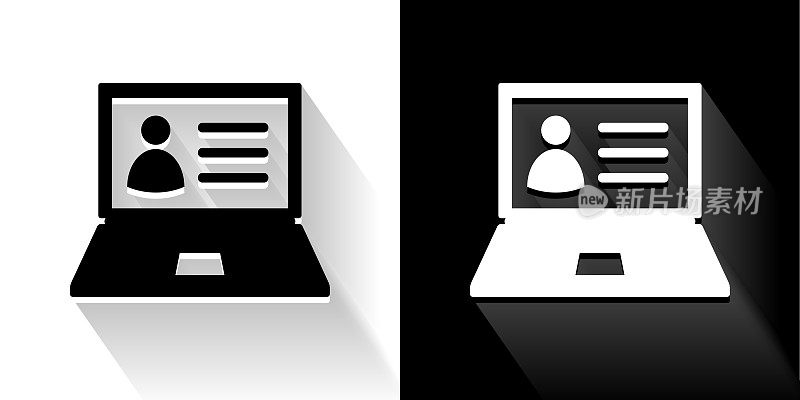 笔记本电脑和人的档案黑色和白色图标与长影子
