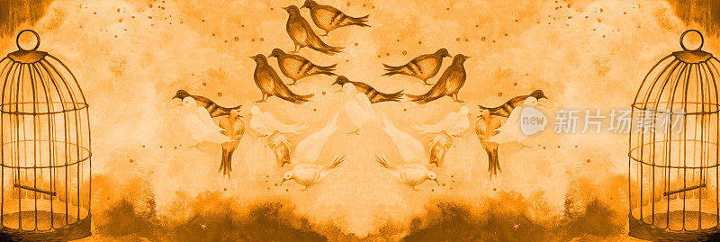 时尚的插图艺术作品，我的油画，棕褐色的寓言的自由水平象征画自由的鸟，鸽子啄食金色的颗粒在草地和一个开放的鸟笼在棕褐色的背景