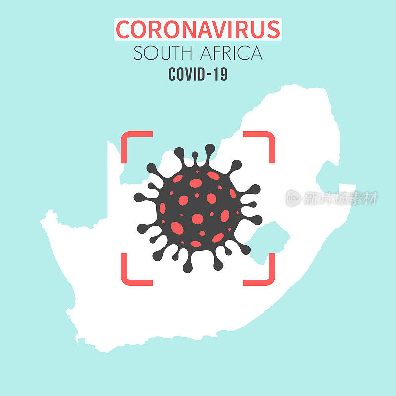南非地图，红色取景器中有冠状病毒细胞(COVID-19)