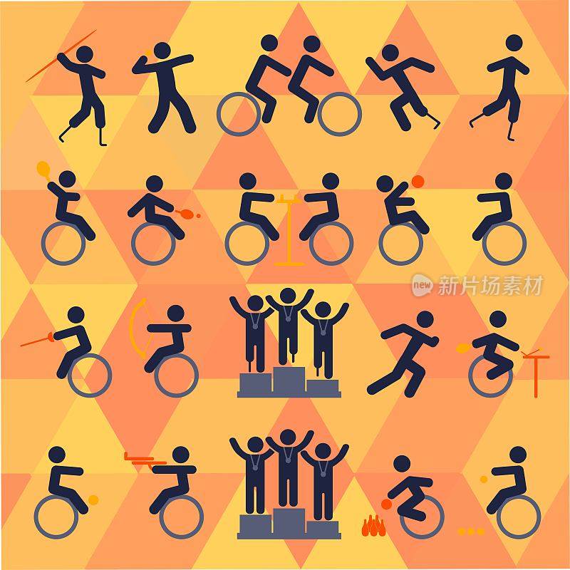 残疾人图标设置在颜色或残疾人在孤立的明亮背景。体育比赛。每股收益10向量。每股收益10向量。