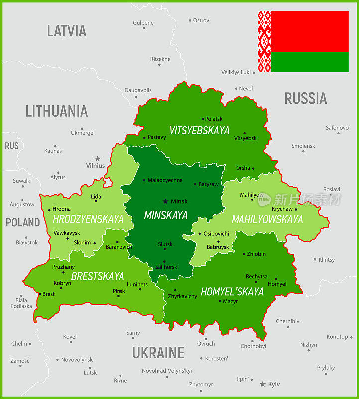 白俄罗斯的地图。政治地图与地区，地理边界的乌克兰，波兰，立陶宛，拉脱维亚和俄罗斯