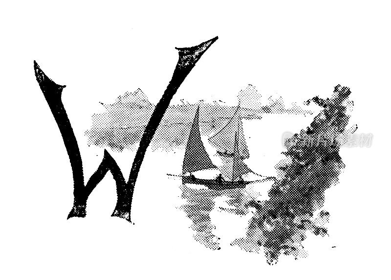 古董插图的体育和休闲活动:大写字母W和帆船