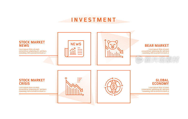 投资相关流程信息图模板。过程时间图。使用线性图标的工作流布局