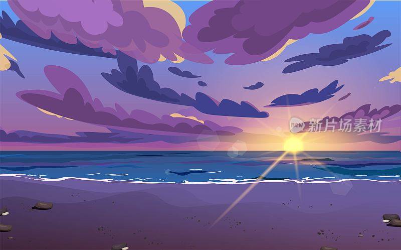 日落或日出，黎明在海上，天空有云。海浪拍打着海岸，浪花翻滚。美丽的风景。卡通矢量插图。