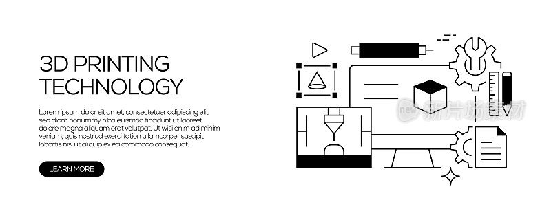 3D打印技术相关流程信息图表设计，线性风格矢量插图