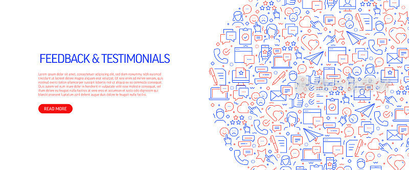 反馈和奖状与模式相关的横幅设计。现代线条风格图标矢量插图