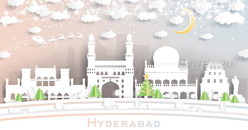 海得拉巴印度城市天际线剪纸风格的雪花，月亮和霓虹灯花环。