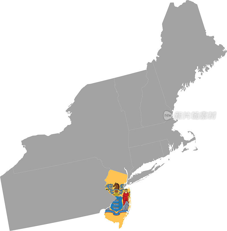 美国联邦新泽西州的地图，在美国东北地区的地图里面有州旗