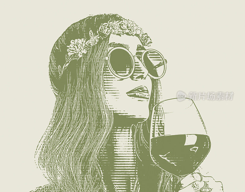 波西米亚嬉皮女人喝着红酒。