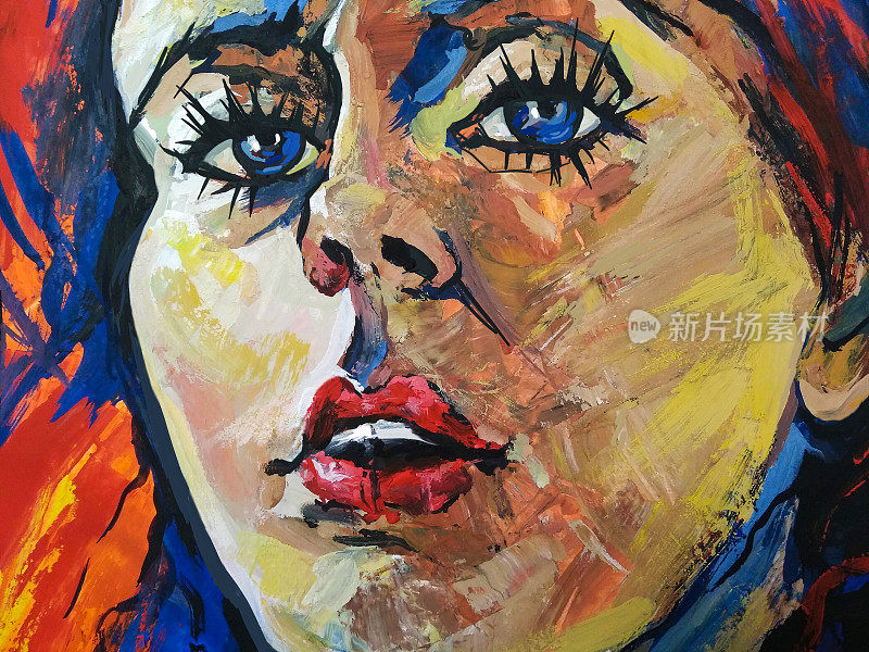 插图肖像的年轻女子与明亮的嘴唇和飘动的头发在抽象的背景