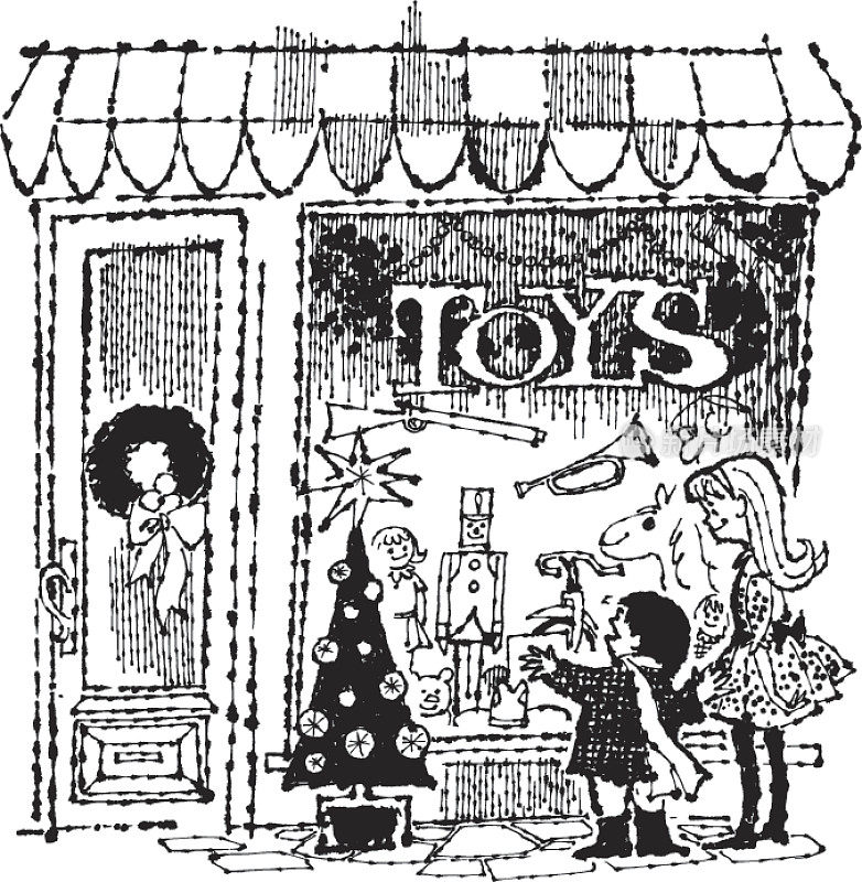 男孩和女孩在看玩具店的橱窗