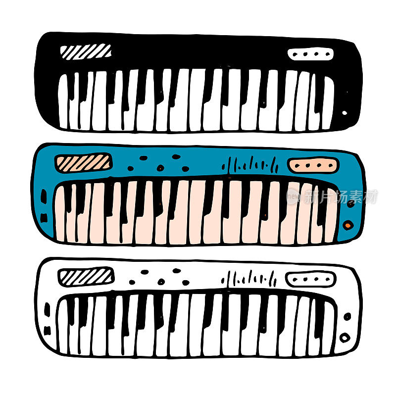 复古手绘插图与蓝色涂鸦合成器。矢量集复古音乐键盘合成器手绘涂鸦风格与孤立的黑色线和轮廓在白色的背景为设计模板