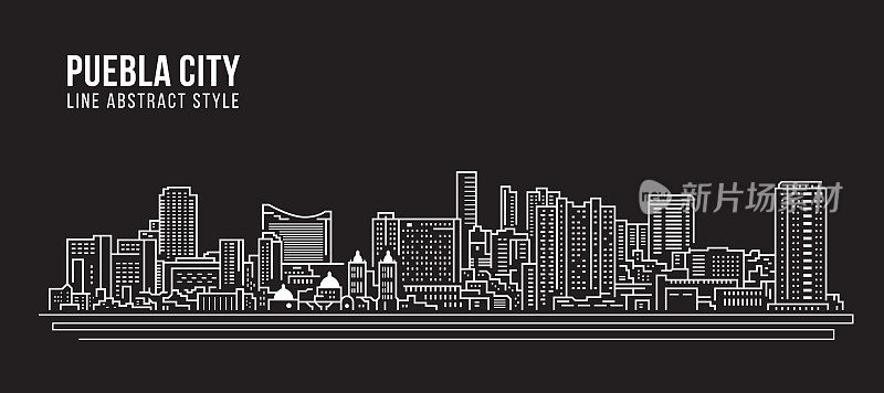 城市景观建筑线条艺术矢量插图设计-普埃布拉市