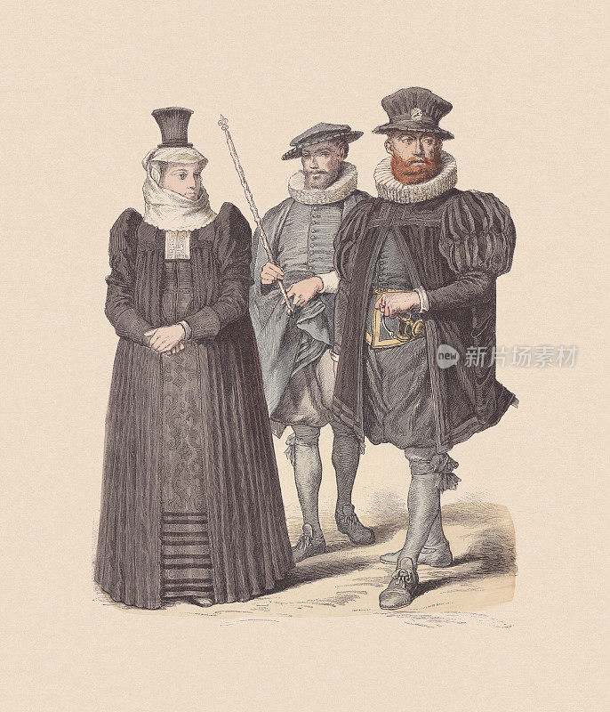 17世纪，瑞士服饰，手工着色木刻，大约出版于1880年