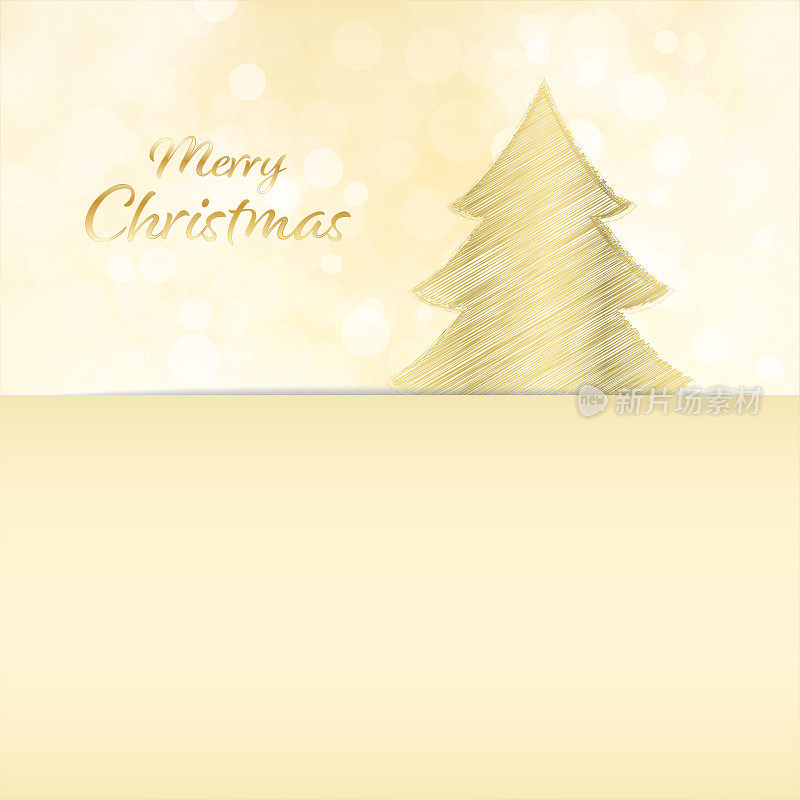 金色的针叶树和闪闪发光的灯光背景与文本信息圣诞快乐矢量背景，它是平原的一半的复制空间