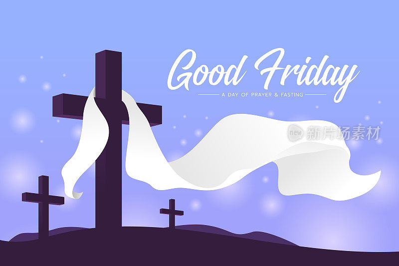 耶稣受难日的一天祈祷和禁食——白布波浪挂十字架，柔和的紫色色调风格设计