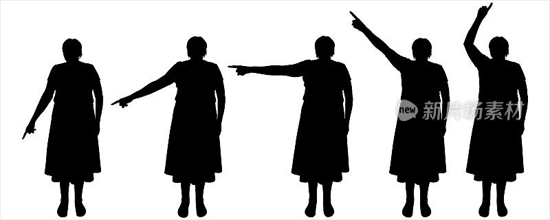 女人在不同的方向上展示了手的方向。从下往上举起女人的手。腿不动，站不动。前视图。五个轮廓孤立在白色上。