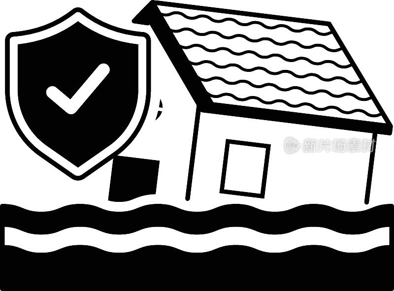 暴雨极端天气覆盖矢量图标设计，金融损失保护符号，风险管理标志，水损害房屋或灾难性股票说明，洪水保险概念