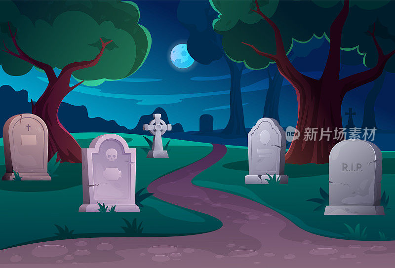墓地的夜晚景观与等距墓碑和十字矢量插图