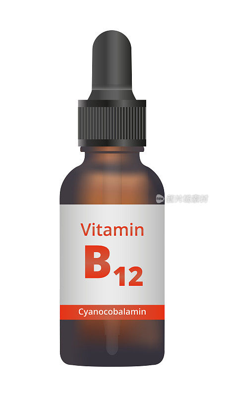 矢量插图或图标的琥珀玻璃滴瓶与液体维生素B12分离在白色。纯素者和素食者的维生素b12下降。