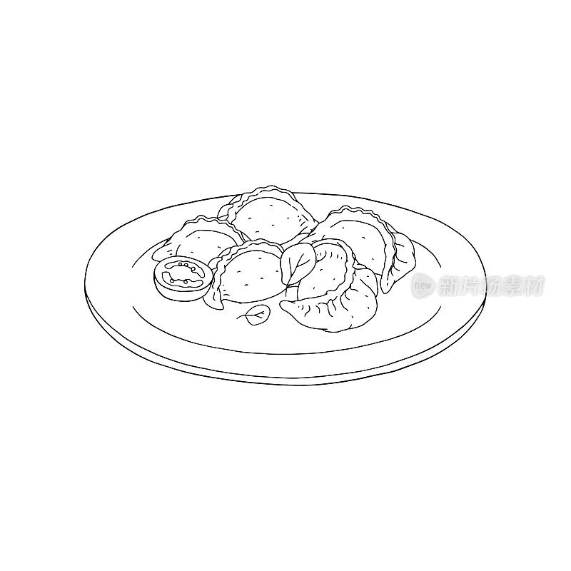 饺子盘上，黑线手绘矢量插图孤立。