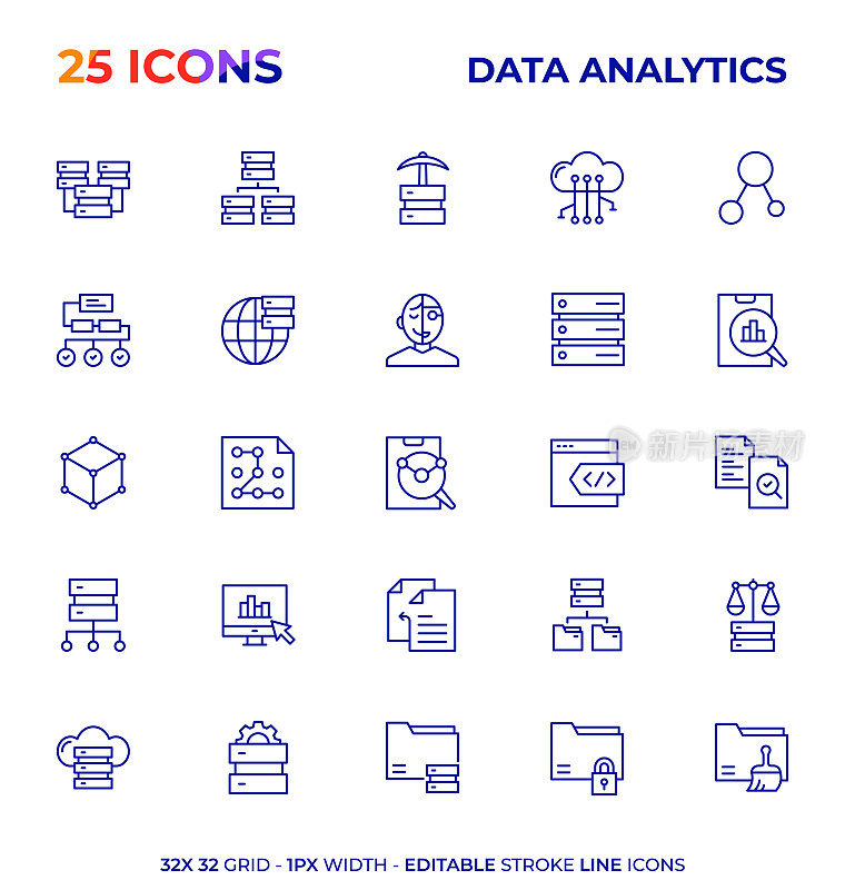 数据分析可编辑的笔划线图标系列