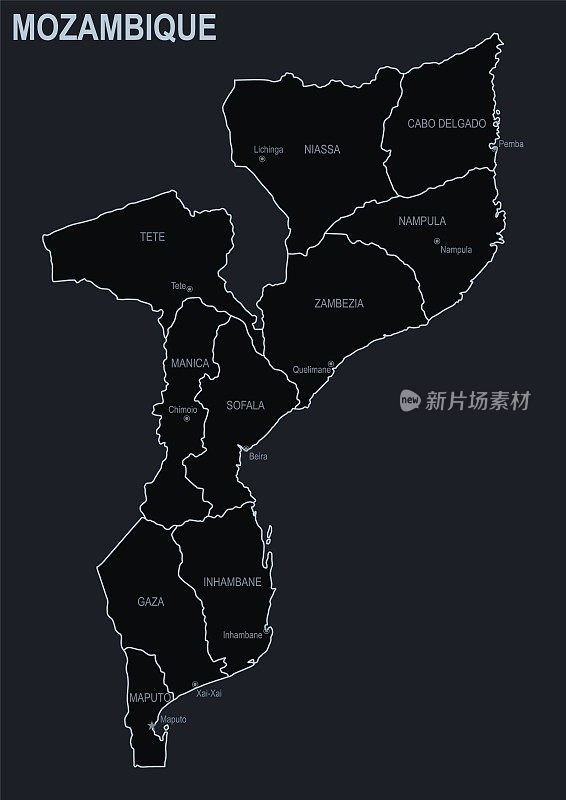 莫桑比克的平面地图，以黑色为背景的城市和地区