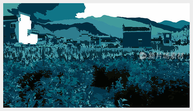 矢量蓝色雕刻风格的山地景观背景，黟县，黄山-安徽省，中国