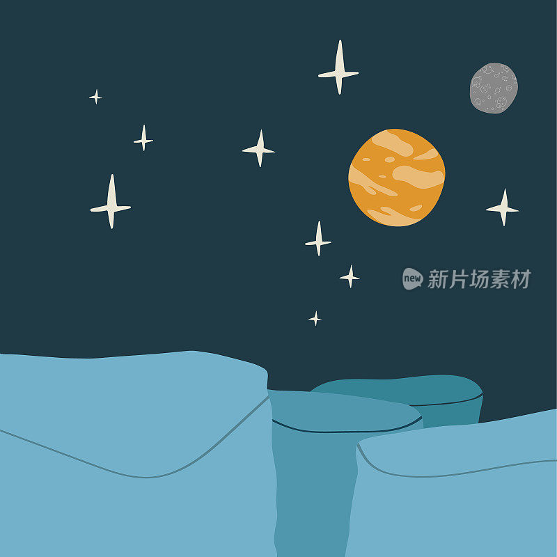 蓝色星球的风景。水星矢量卡通幻想插图的行星表面与蓝色的悬崖和岩石。