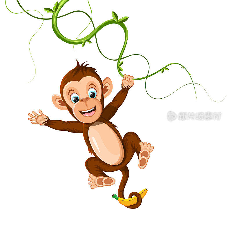欢快的猴子挂在葡萄藤上，手里拿着香蕉