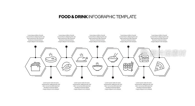 食品和饮料概念矢量线信息图形设计图标。9选项或步骤的介绍，横幅，工作流程布局，流程图等。