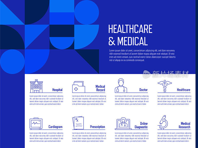 医疗保健和医疗概念矢量线信息图形设计图标。8选项或步骤的介绍，横幅，工作流程布局，流程图等。
