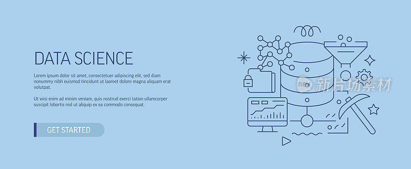 数据科学相关的网页横幅线风格。现代设计矢量插图网页横幅，网站标题等。股票插图