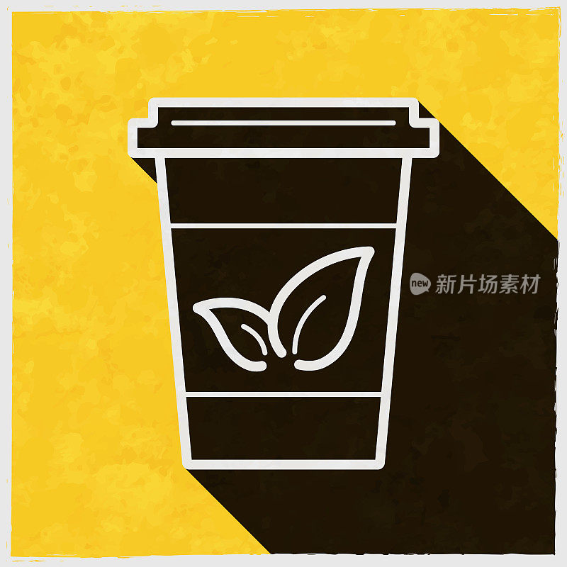 一次性茶杯。图标与长阴影的纹理黄色背景