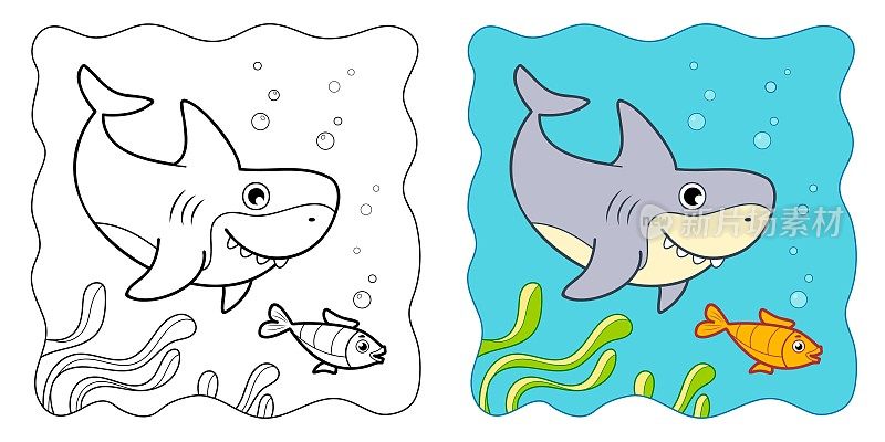 海洋背景。儿童涂色书或涂色页。鲨鱼向量剪纸艺术