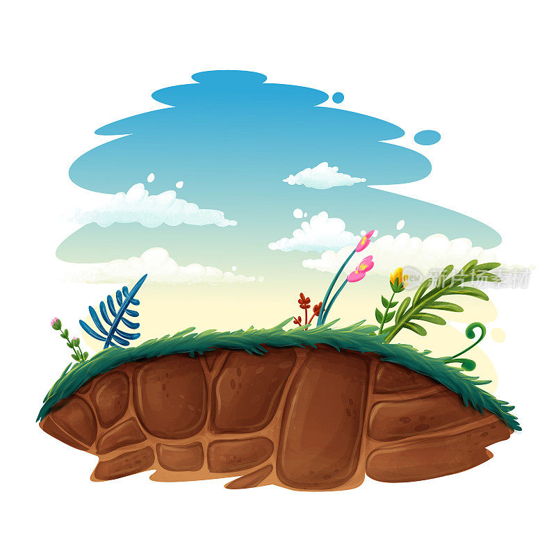 草地与花卉植物和岩石幻想卡通插图