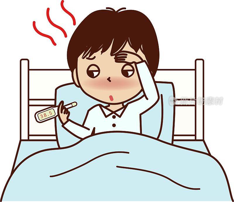 一个发烧的年轻人睡觉时拿着温度计。