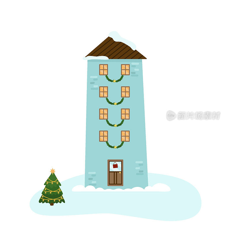 一个舒适的冬季蓝色房子有四层楼，圣诞节用冷杉花环装饰。一个节日的冬季城市。矢量插图设计，装饰，明信片