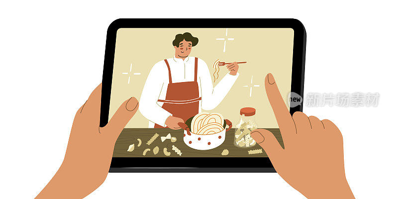 美食博客。烹饪。人厨师面食。准备食物的过程。食品博客的概念。厨师。设备使用的概念。平面风格在矢量插图。