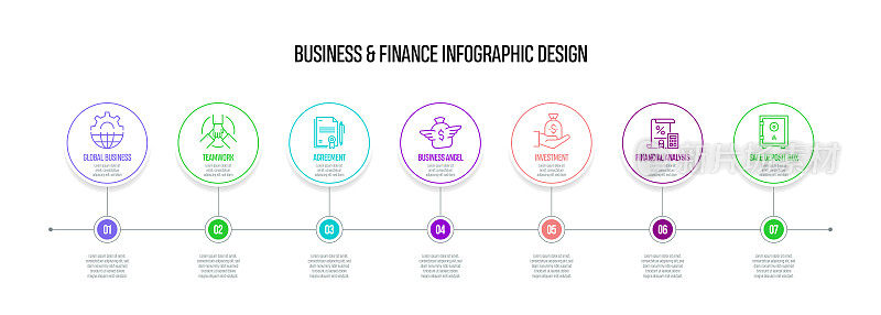 商业和金融概念矢量线信息图形设计图标。7选项或步骤的介绍，横幅，工作流程布局，流程图等。